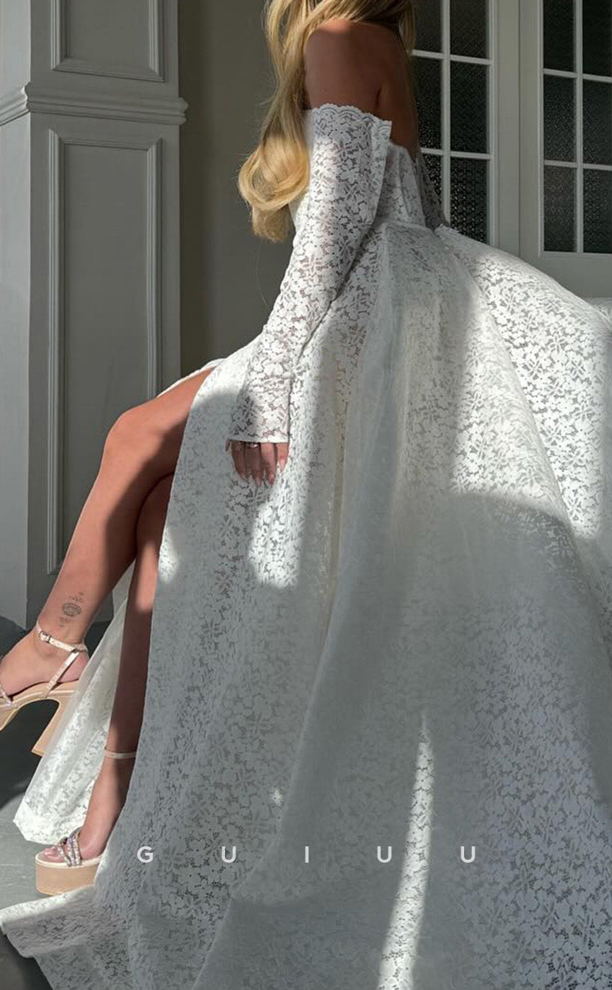 G4719 - A-Line Strapless Long Gloves Fully Lace Formal Evening Dress with High Side Slit