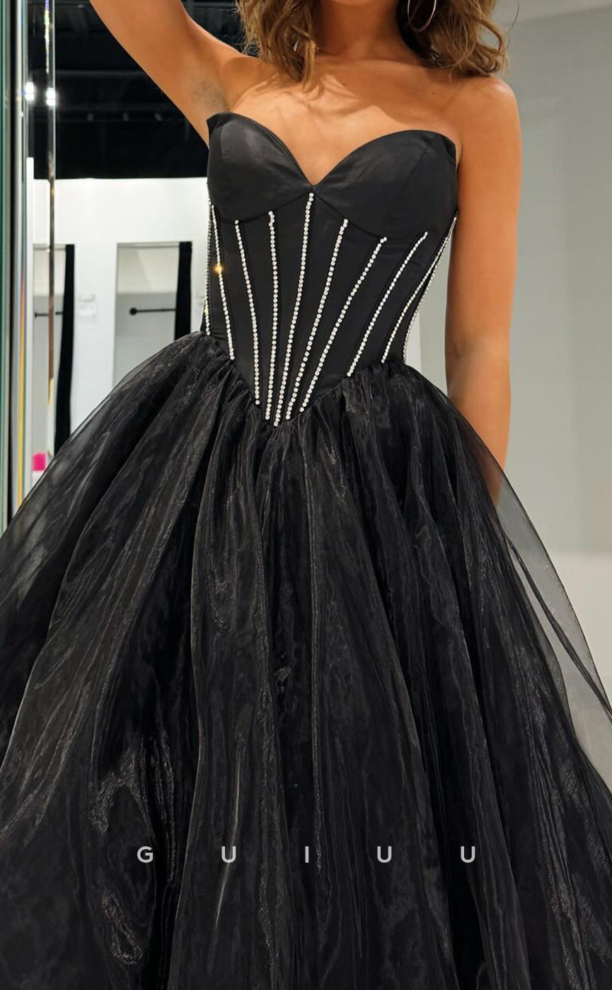 G3672 - A-Line Strapless Sleeveless Back Zipper Mesh Long Prom Dress with High Side Slit