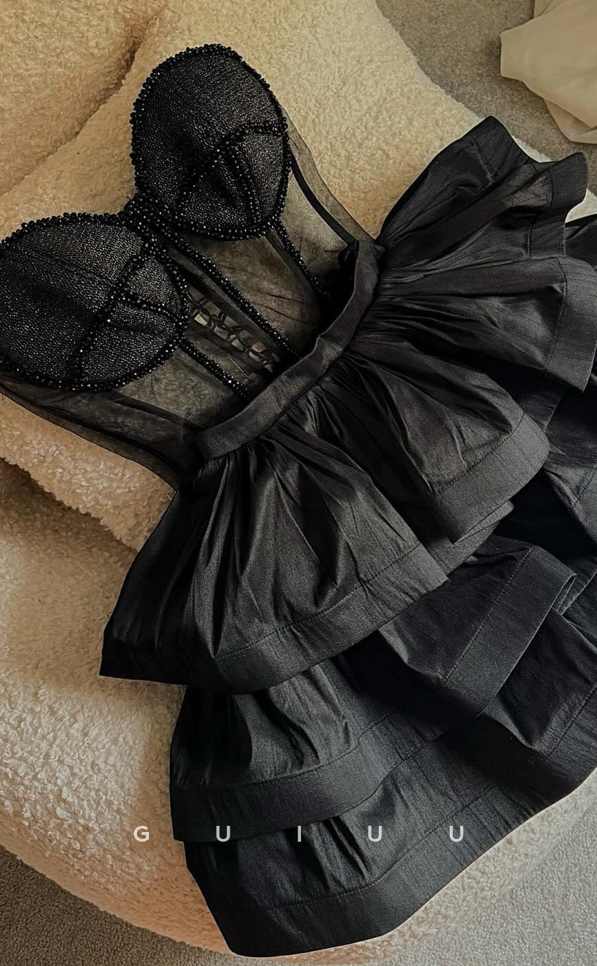 GH942 - A-Line Strapless Sleeveless Beaded Tiered Homecoming Party Dress