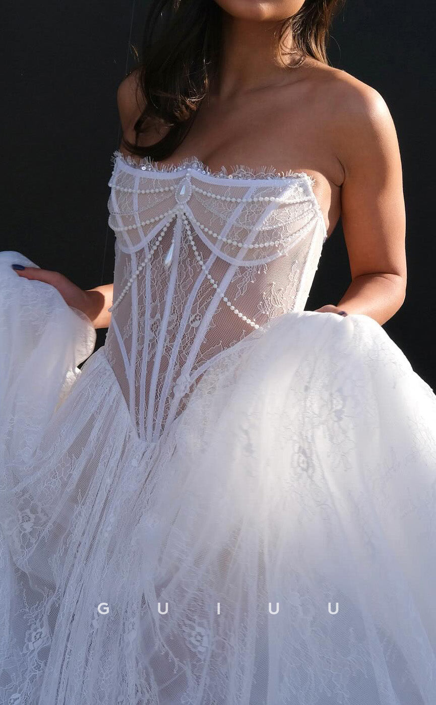 GW1035 A-Line Strapless Sleeveless Pleated Fully Lace Beach Boho Wedding Dress