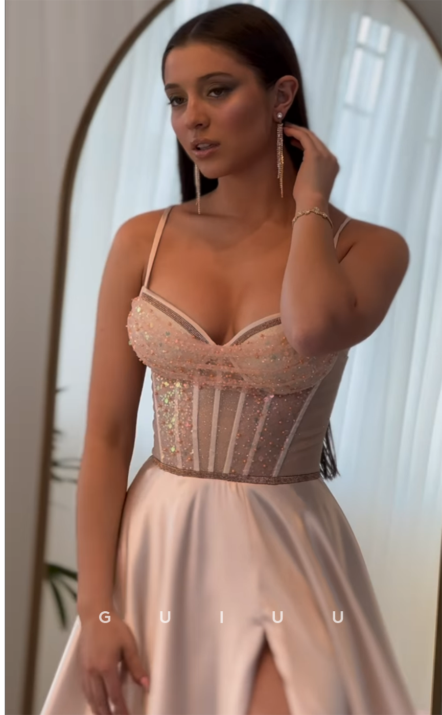 G3959 - A-Line Strapless Straps Sleeeveless Sequined Pleated Formal Prom Dress with Slit