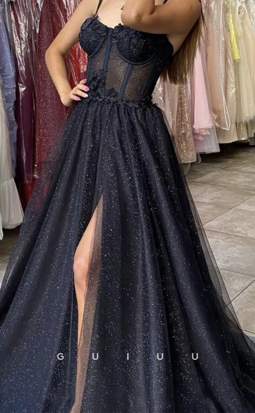 G4635 - A-Line Strapless Straps Sleeveless Black Tulle High Side Slit Prom Dress