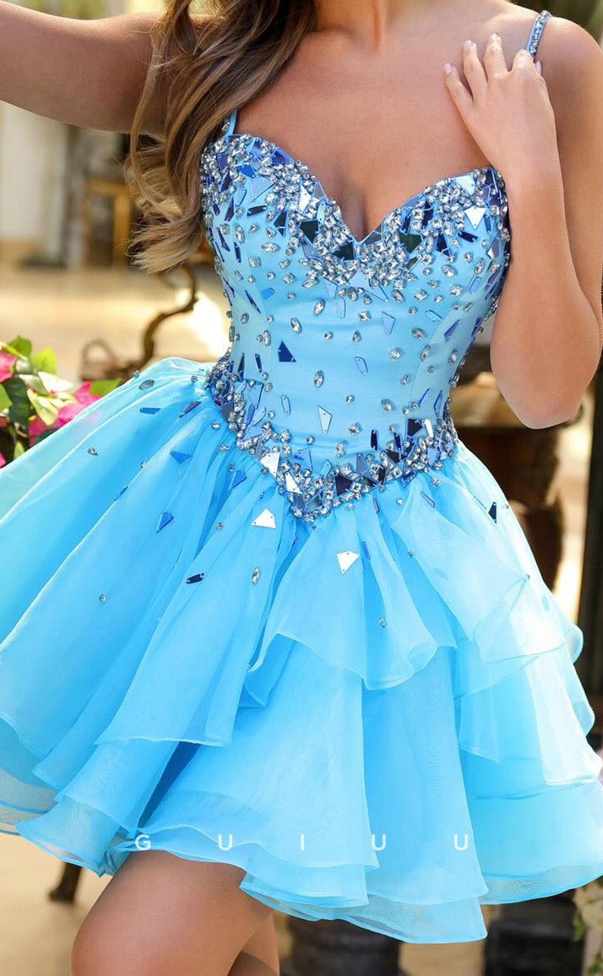 GH893 - A-Line Strapless Straps Sleeveless Crystal Tulle Tiered Homecoming Dress