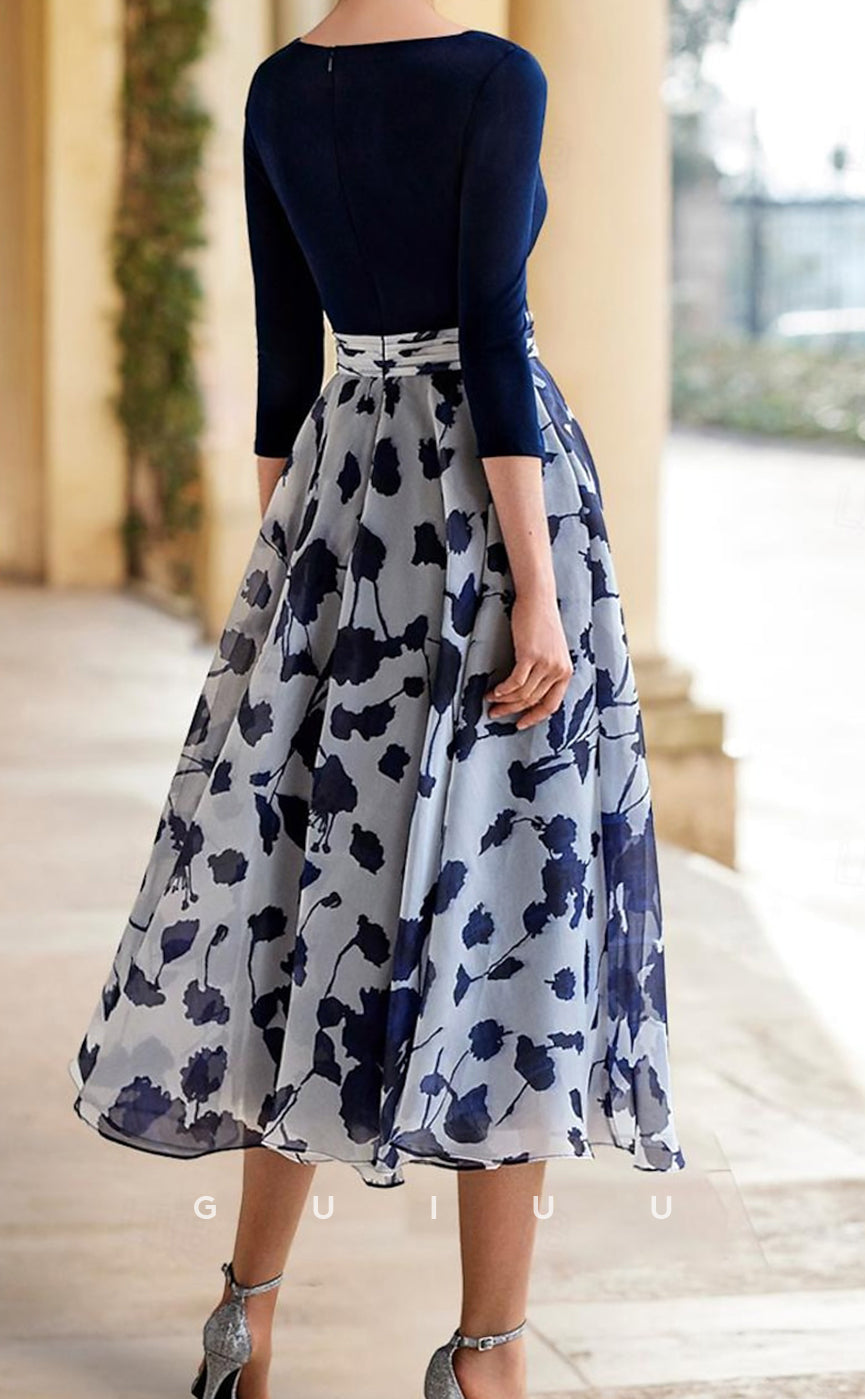 GM076 - A-Line V Neck Ankle Length 34 Length Sleeves Chiffon Mother of the Bride Dress