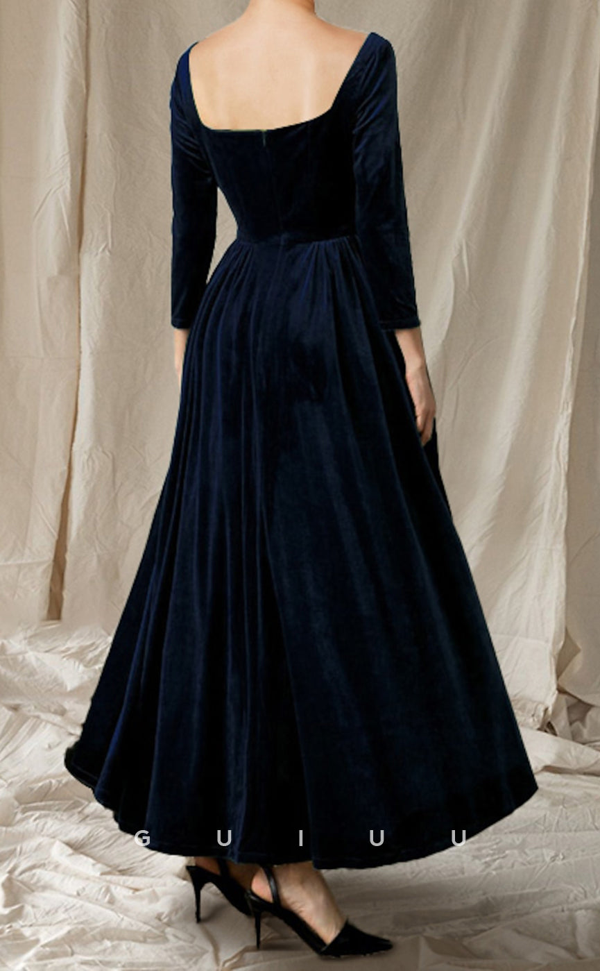 GM130 - A-Line V Neck Ankle Length Long Sleeves Velvet Mother of the Bride Dress