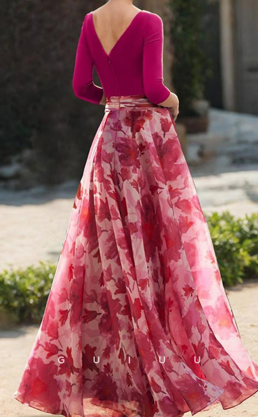 GM119 - A-Line V Neck Floor Length 34 Length Sleeves Mother of the Bride Dress