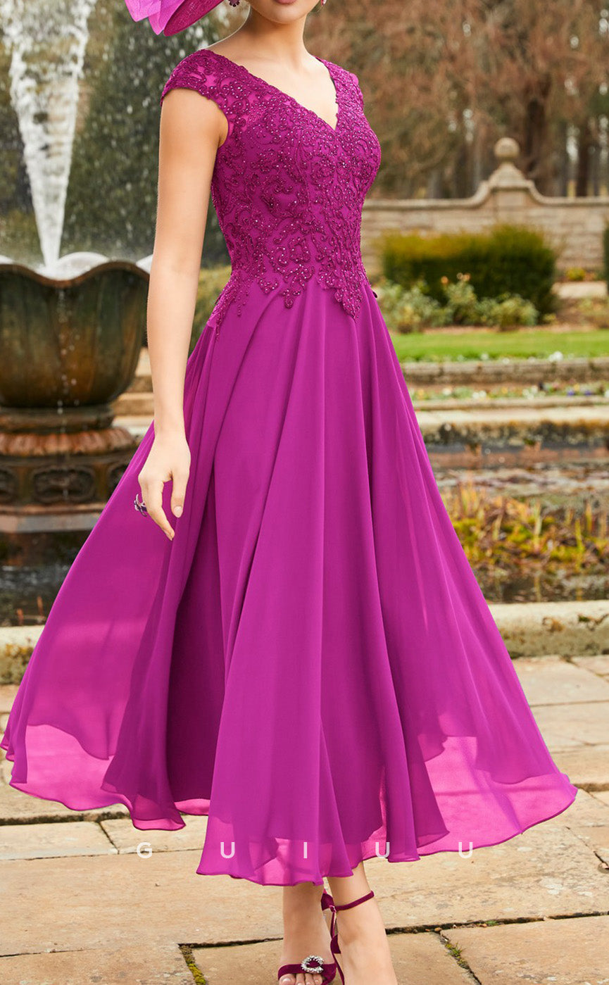 GM152 - A-Line V Neck Short Sleeves Tea Length Appliques Chiffon Mother of Bride Dress
