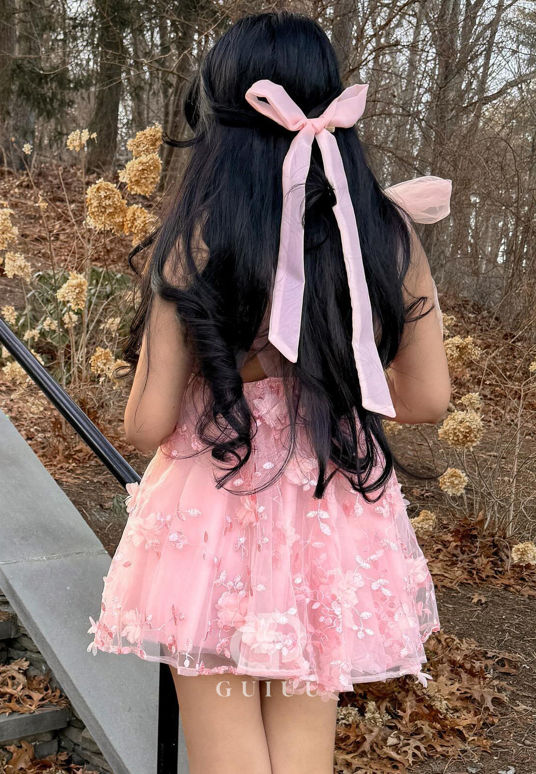 GH973 - A-Line V Neck Straps Sleeveless Mesh Short Homecoming Dress with Appliques