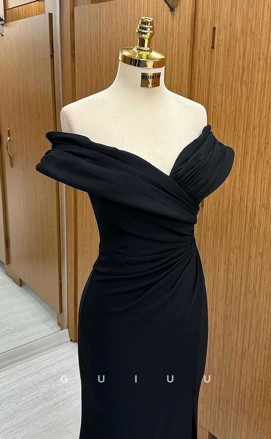 G4492 - Chic & Classic Mermaid Off-Shoulder Black Stain Ruched Long Prom Gown