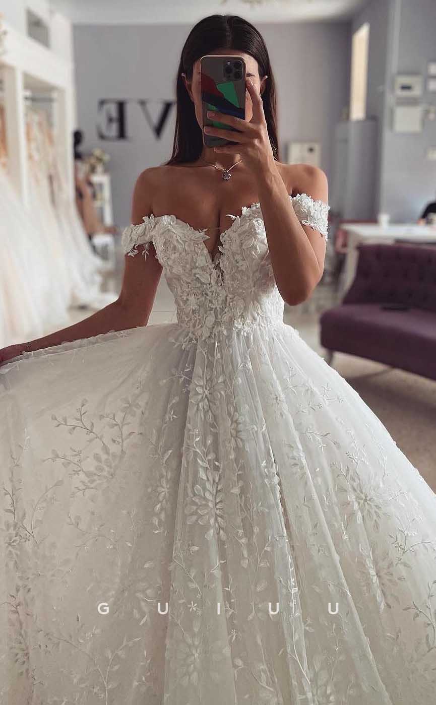 GW817 - Chic & Modern A-Line Off-Shoulder Appliques Wedding Dress with Floor Train