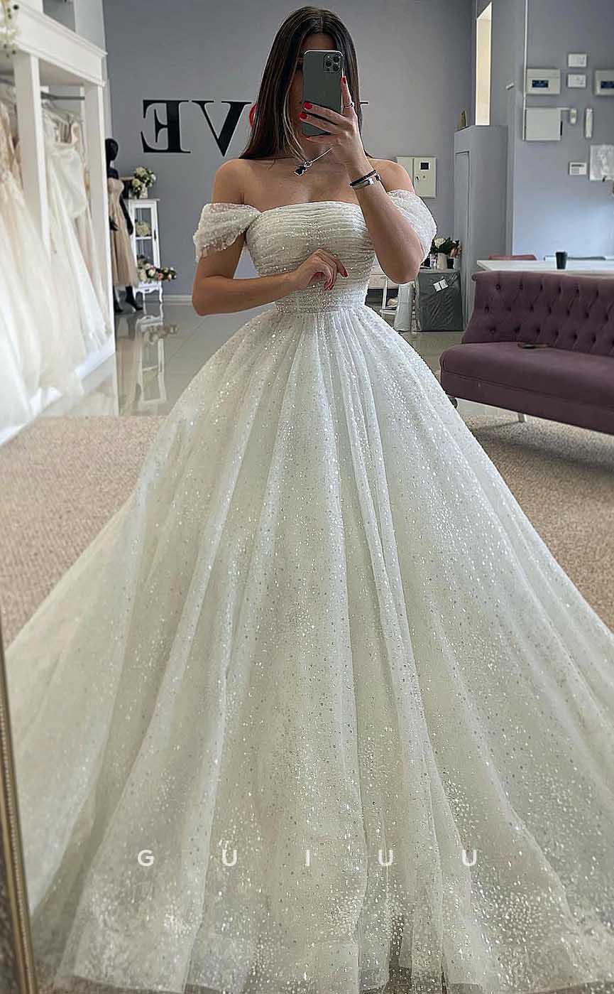 GW806 - Chic & Modern A-Line Off-Shoulder Sequined Ruchde Court Train Wedding Dress