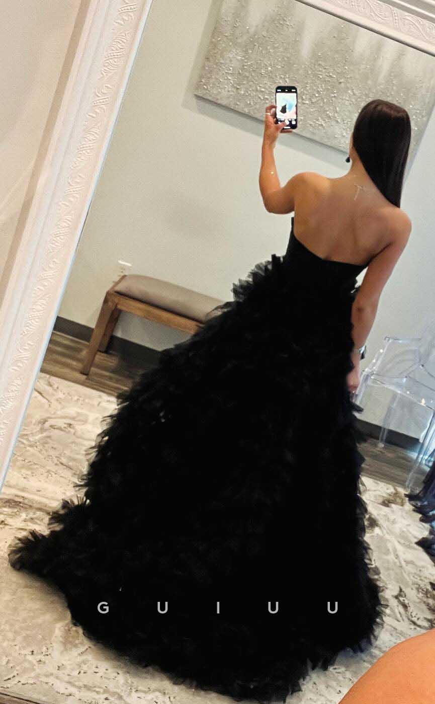 G4430 - Chic & Modern Black A-Line Strapless Sleeveless Tulle Tiered Illusion Open Back Long Sweep Prom Party Dress With Slit