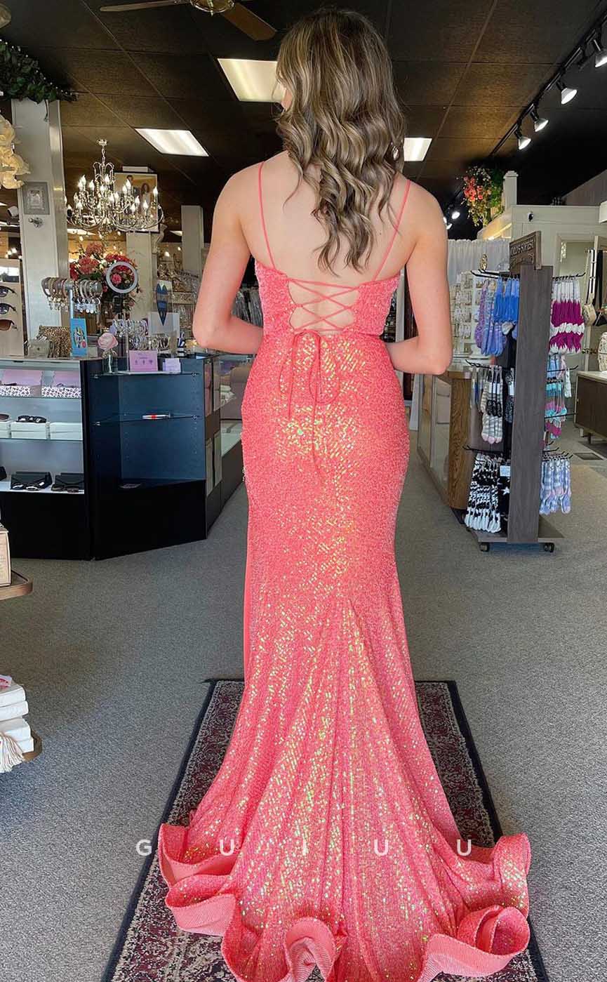 G4490 - Chic & Modern Column Fitted Strapless Straps Sleeveless Allover Sequins High Split Sweep Prom Party Dress with Ruffles