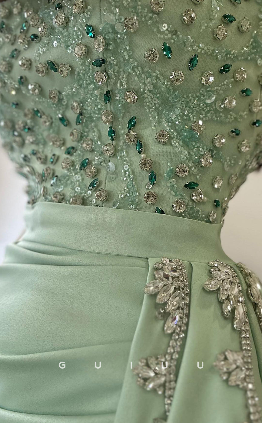 G4021 - Chic & Modern Mermaid Boat Neck Sleeveless Crystal Stain Pleats Prom Dress with Train