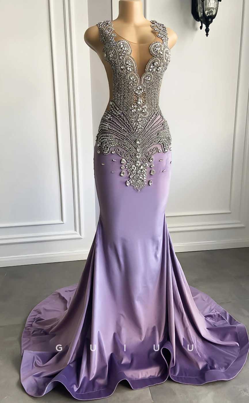 G4587 - Chic& Modern Mermaid Sleeveless Crystal Purple Velvet Court Train Party Prom Dress
