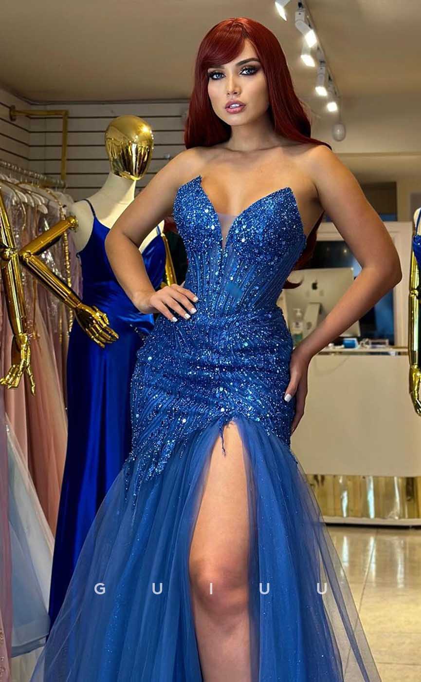 G4458 - Chic & Modern Sheath Blue Sequins Tulle Long Prom Gown with Slit