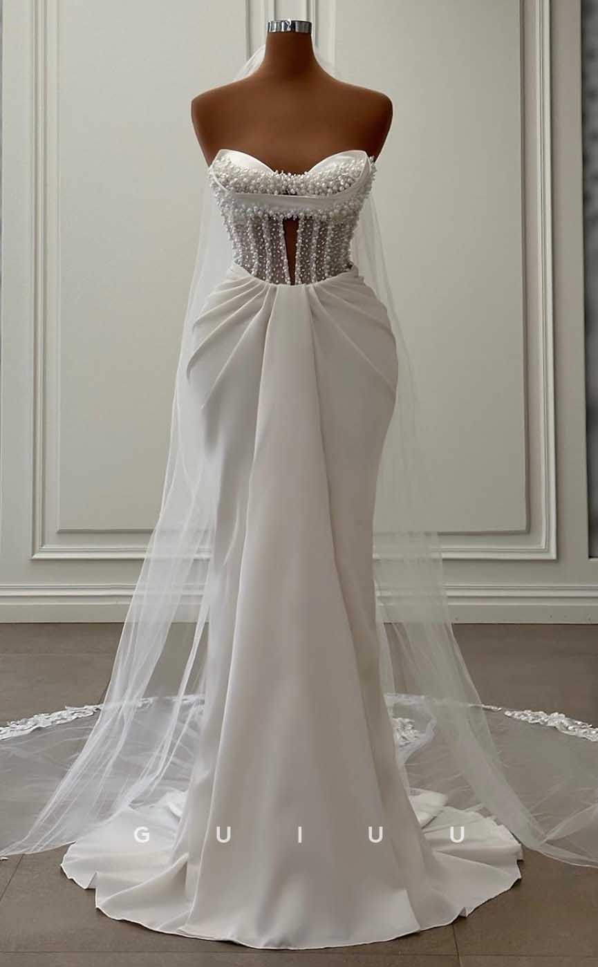 GW846 - Chic & Modern Strapless Sleeveless Pearls Ruched Stain Mermaid Beach Wedding Dress With Train