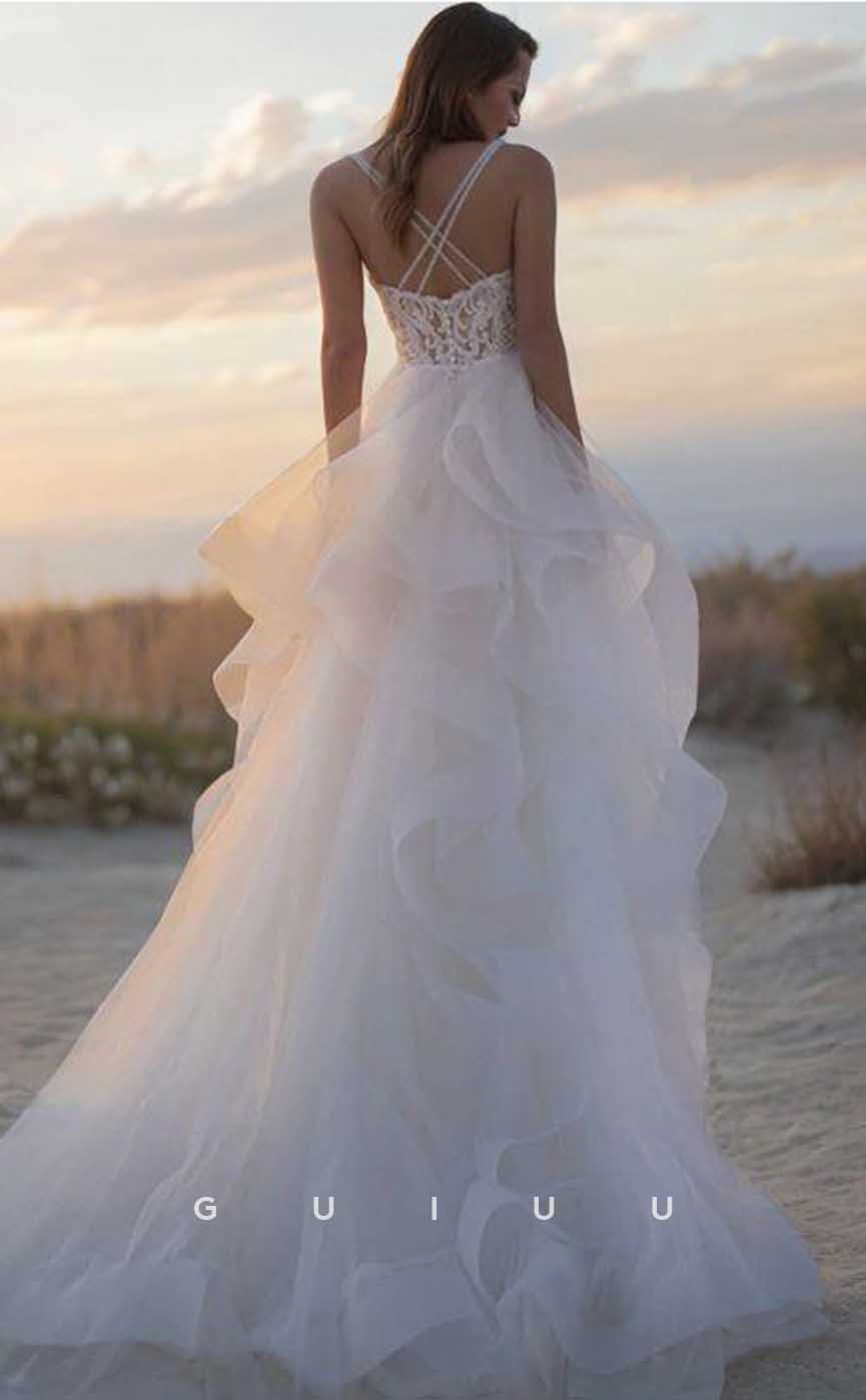GW915 - Chic & modern A-Line V-neck Criss-Cross Straps Sweep Train Tulle Tiered Wedding Dress