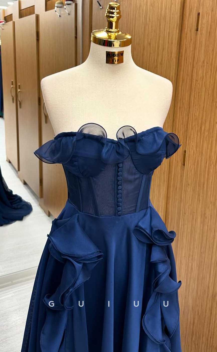 G4497 - Classic & Modern A-Line Strapless Sleeveless Ruffles Long Party Prom Formal Dress