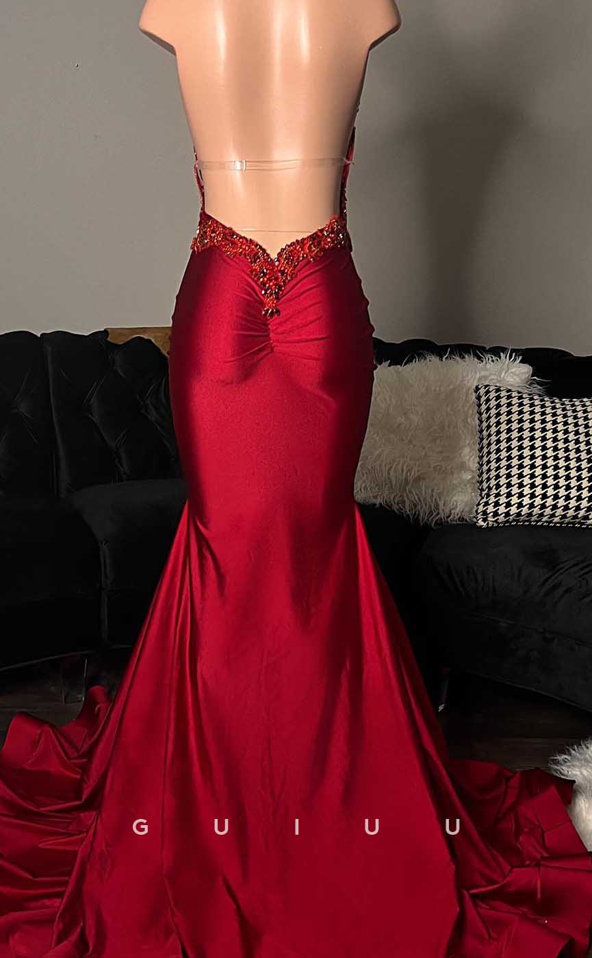 G4577 - Classic & Timeless V Neck Appliques Beaded Stain Red Prom Evening Dress with Slit