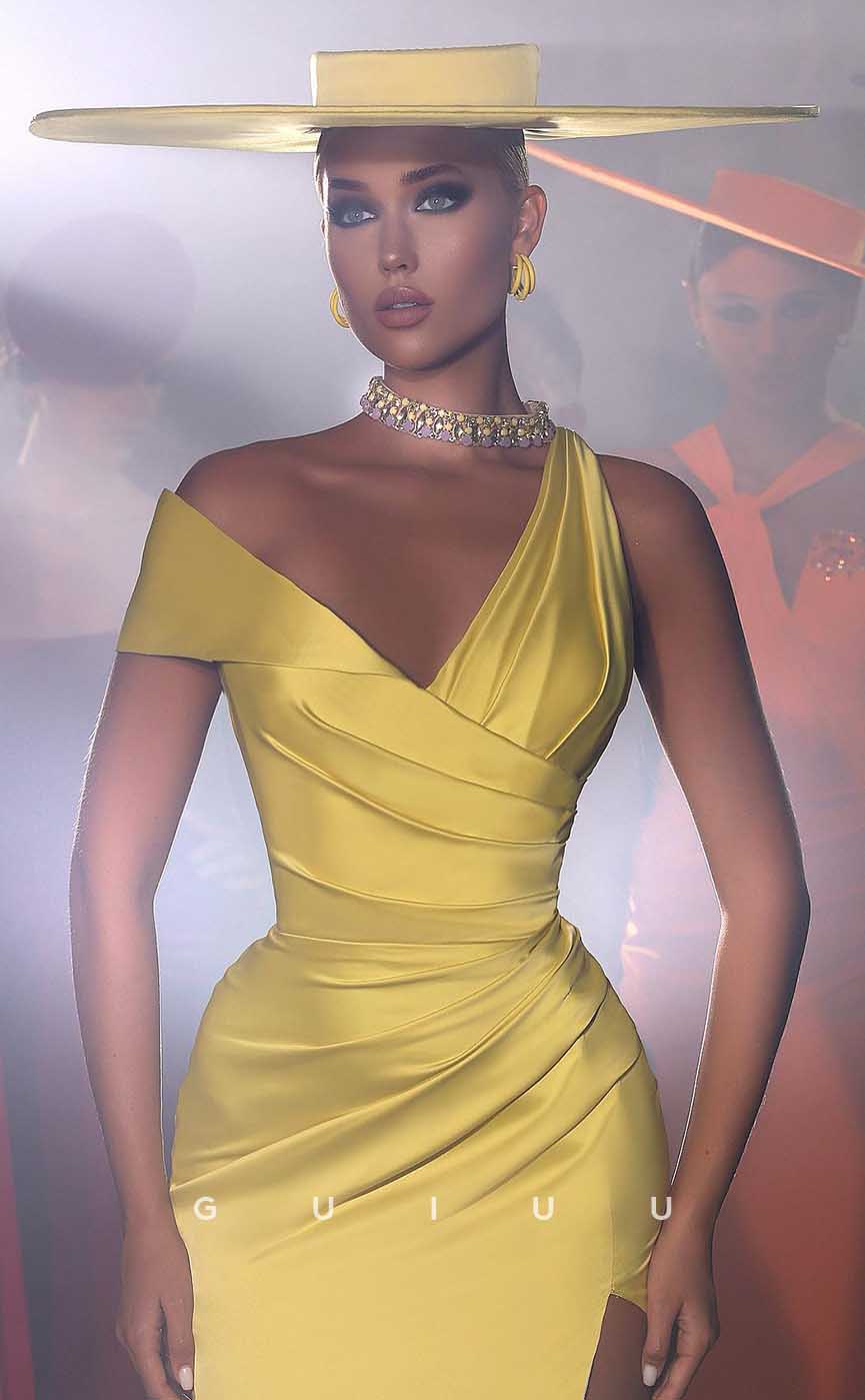 G4606 - Classic & Timeless V Neck Yellow Stain Pleats Sheath Long Prom Dress