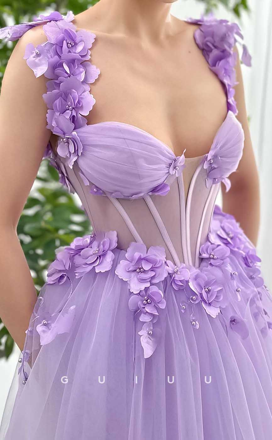 G4446 - Classsic & Unique A-Line Tulle Strapless Pleats Prom Party Dress with Flower Straps