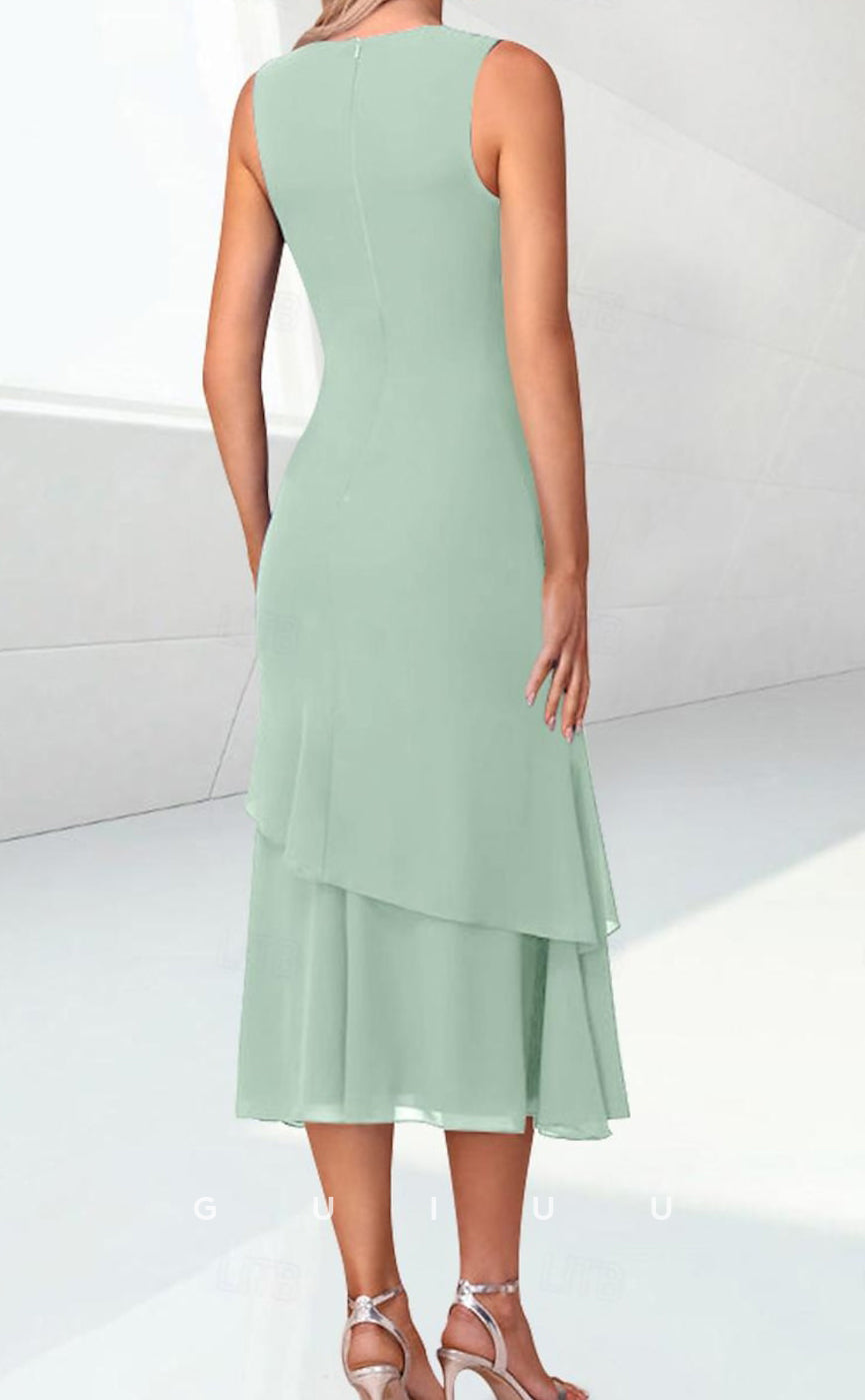 GM079 - Column Scoop Neck 34 Length Sleeves Tea Length Back Zipper Ruffles Chiffon Mother of the Bride Dress Wrap Included