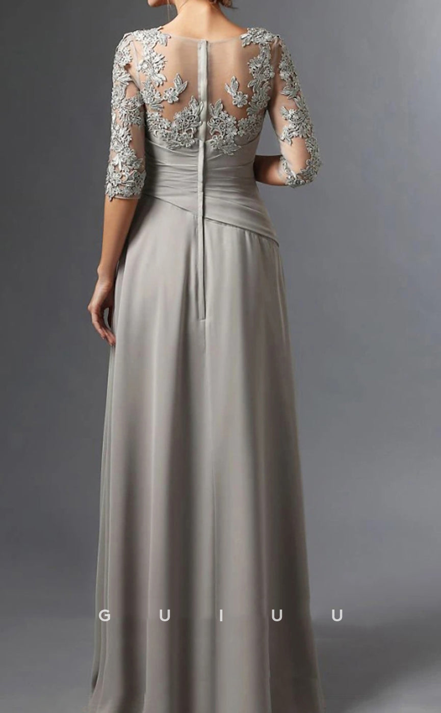 GM006 - Column Scoop Neck 34 Sleeve Appliques Floor Length Back Zipper Chiffon Formal Mother of the Bride Dress with Ruffles