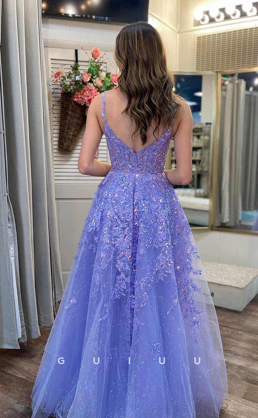 G4484 - Cute & Chic A-Line Purple Tulle Sleeveless Straps Appliques Zipper-Up Shiny Prom Evening Dress with Slit