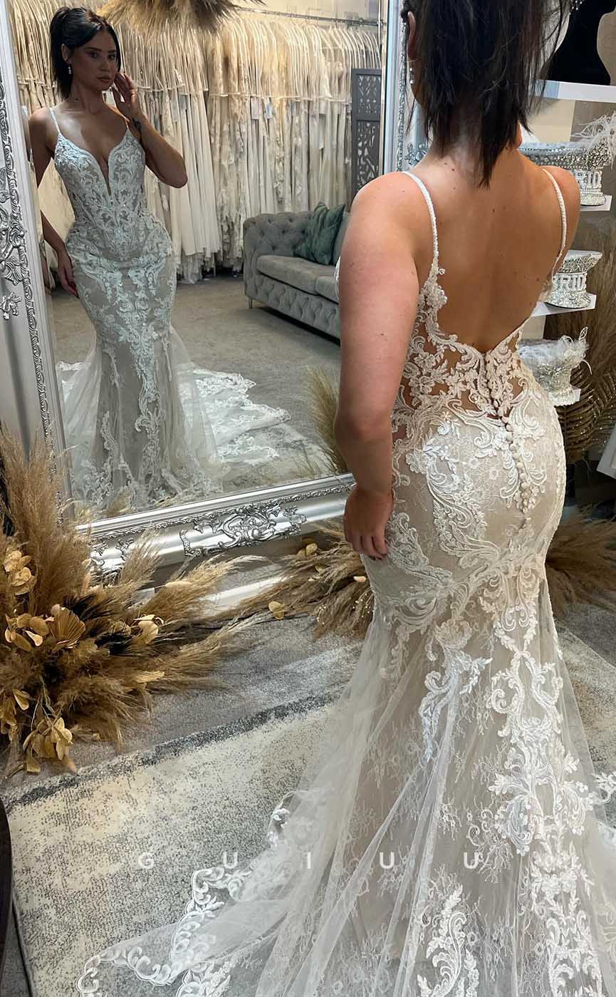 GW860 - Deep V Neck Straps Appliques Buttons Lace Boho Beach Wedding Dress with Train