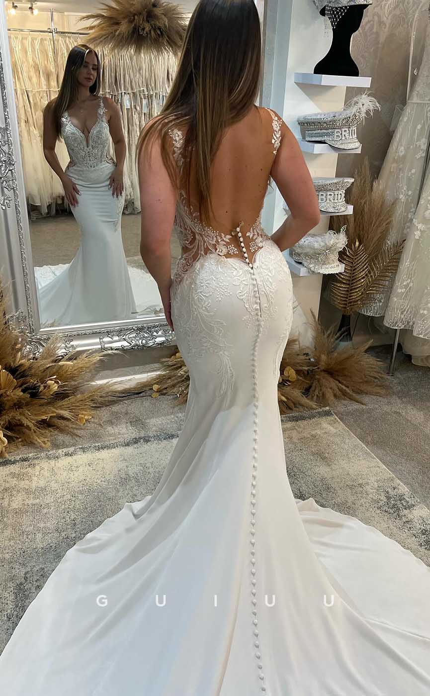 GW861 - Deep V Neck Straps Buttons Appliques Lace Backless Mermaid Wedding Dress with Slit