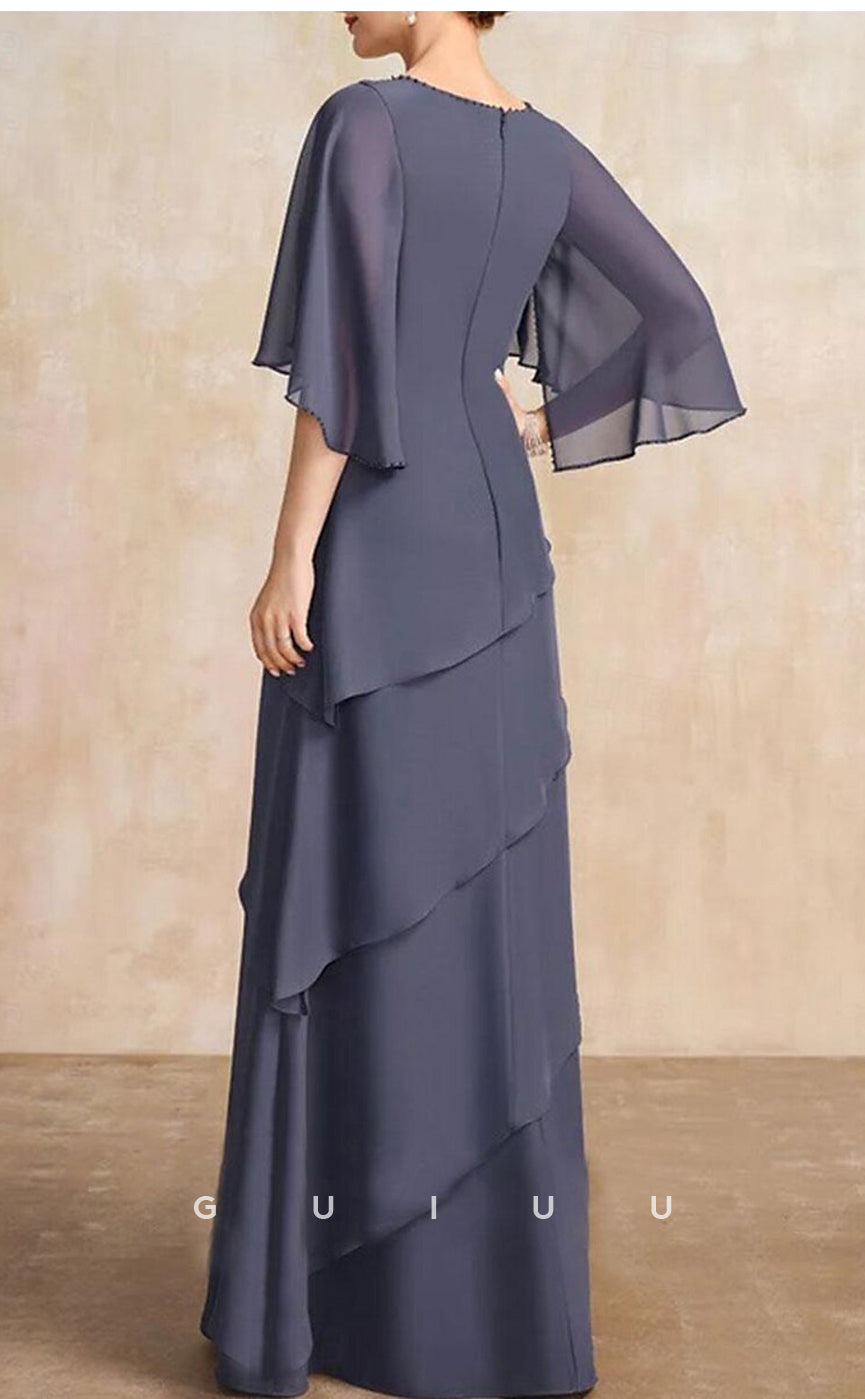 GM013 - Elegant A-Line 34 Length Sleeves Floor Length Chiffon Mother of the Bride Dress with Ruffles