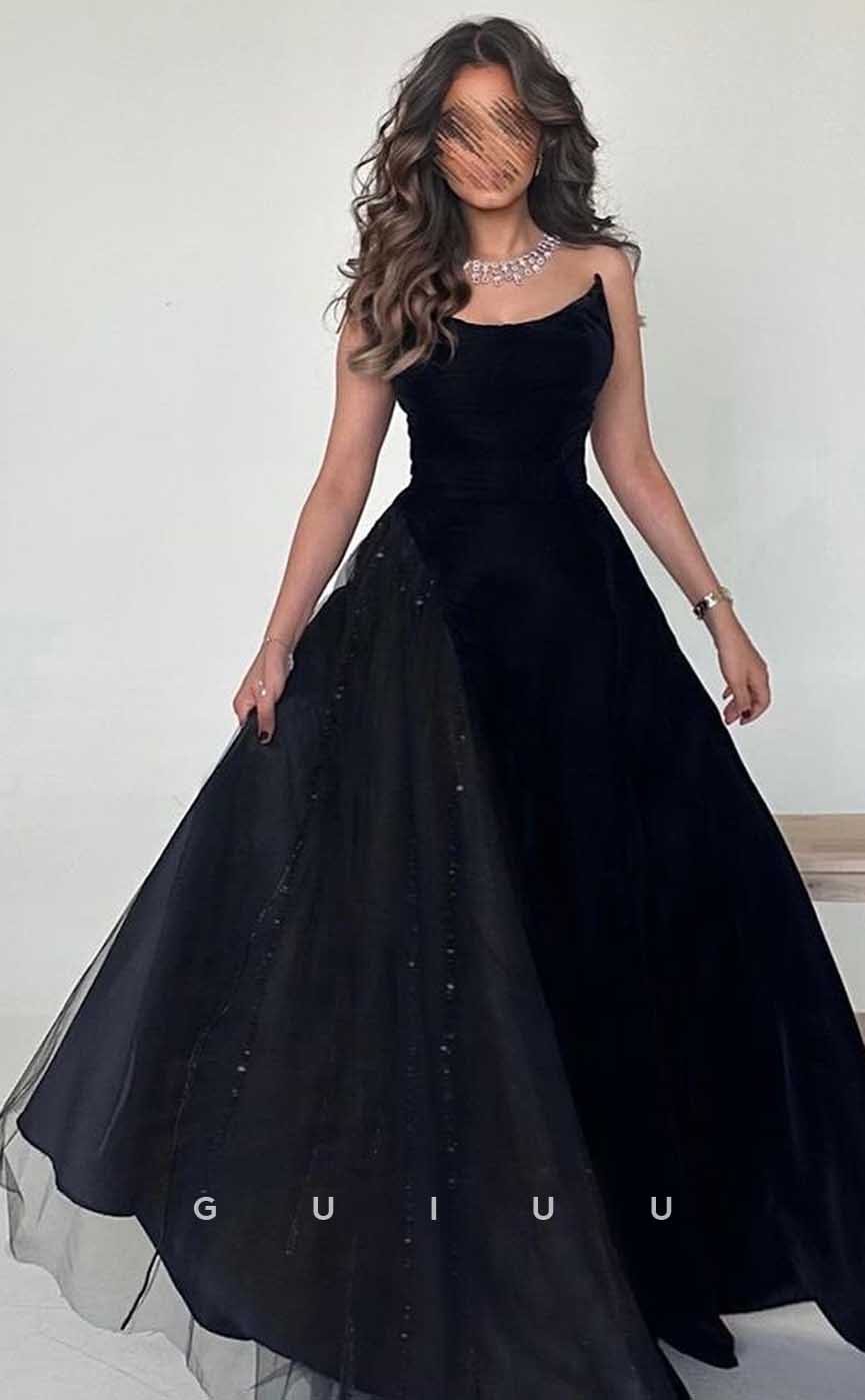 G4552 - Elegant A-Line Boat Neck Sleeveless Black Tulle Prom Party Gown