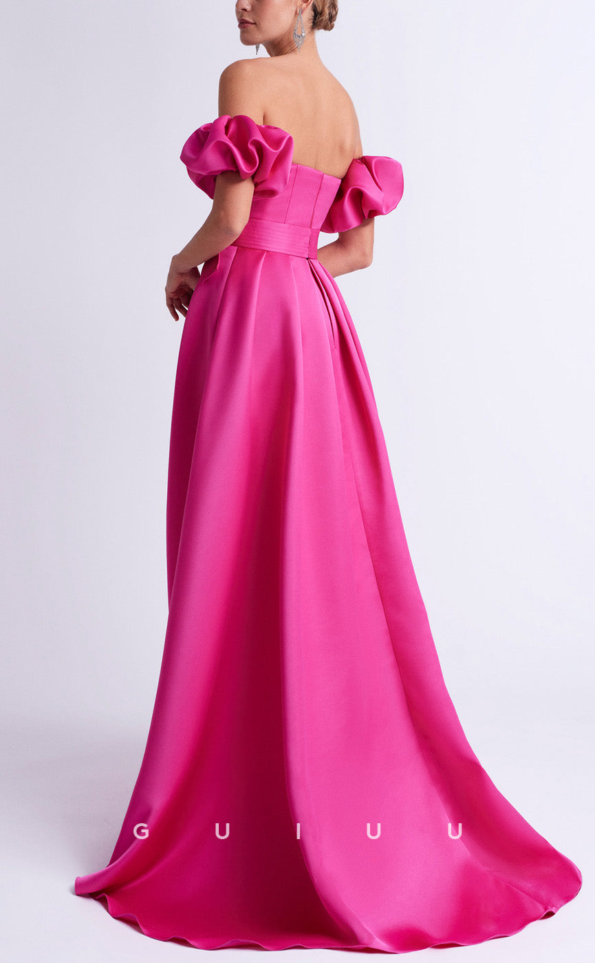 GM288 - Elegant A-Line Off Shoulder Satin Long Cocktail Dress with Train