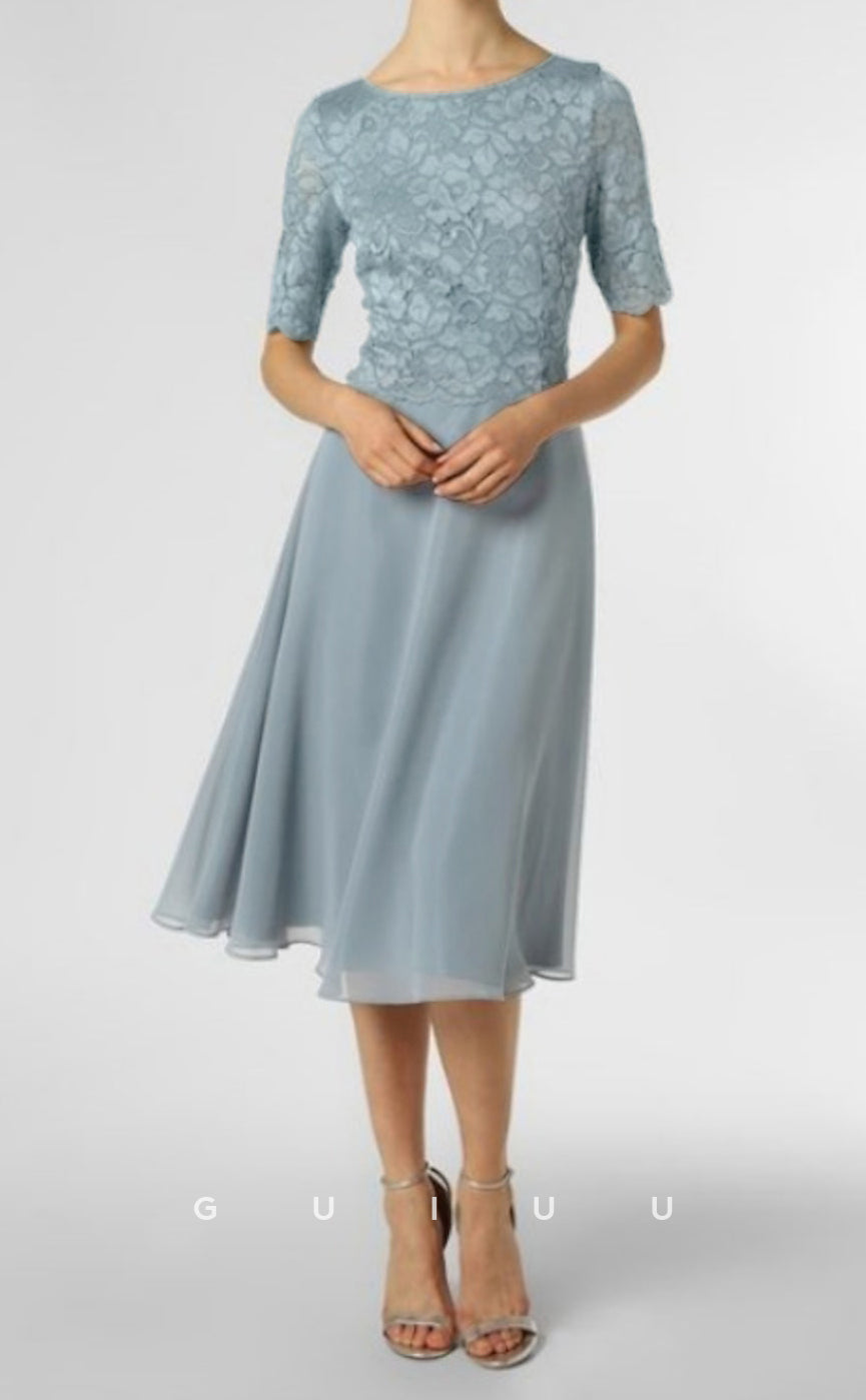 GM042 - Elegant A-Line Scoop Neck Knee Length Chiffon Half Sleeves Appliques Mother of the Bride Dress