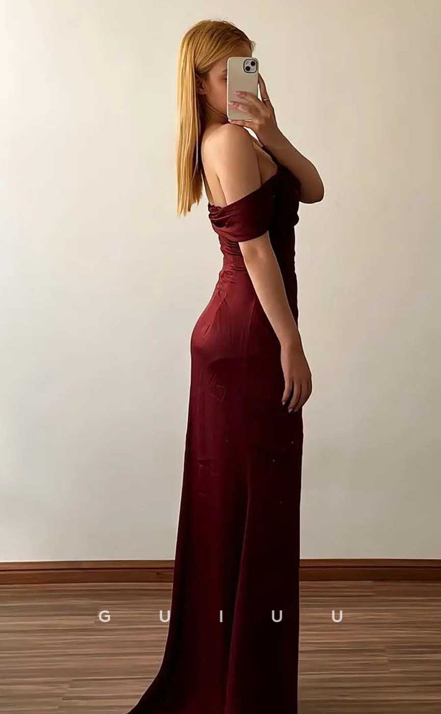 G4533 - Elegant Off-Shoulder Wine Red Pleats Prom Evening Dress with Slit