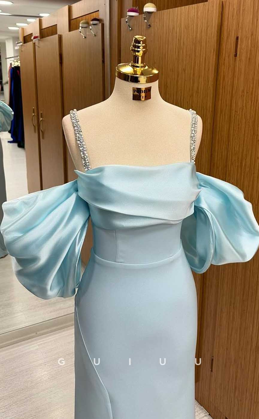 G4496 - Elegant & Glamorous Sheath Off-Shoulder Baby Blue Stain Ruched Crystal Straps Floor-Length Prom Party Dress