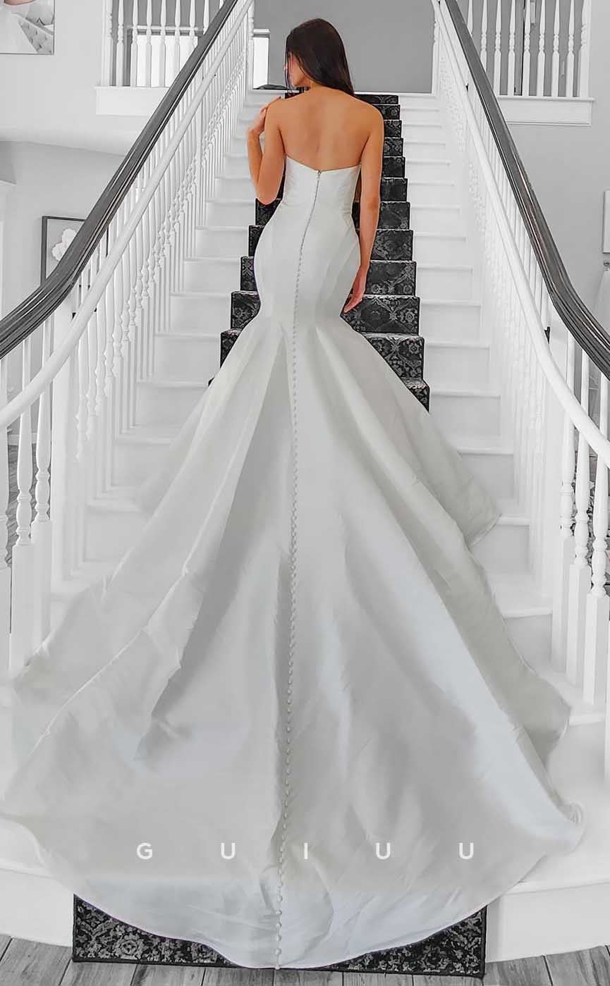 GW856 - Elegant & Simple Boat Neck Sleeveless Buttons Stain Mermaid Wedding Dress with Train