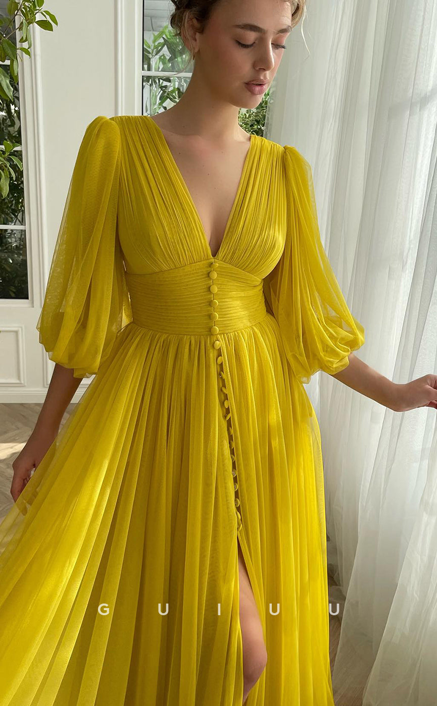 G4365 - Elegant & Timeless A-Line Deep V Neck Half Sleeveless Tulle Mesh Long Prom Dress with High Side Slit