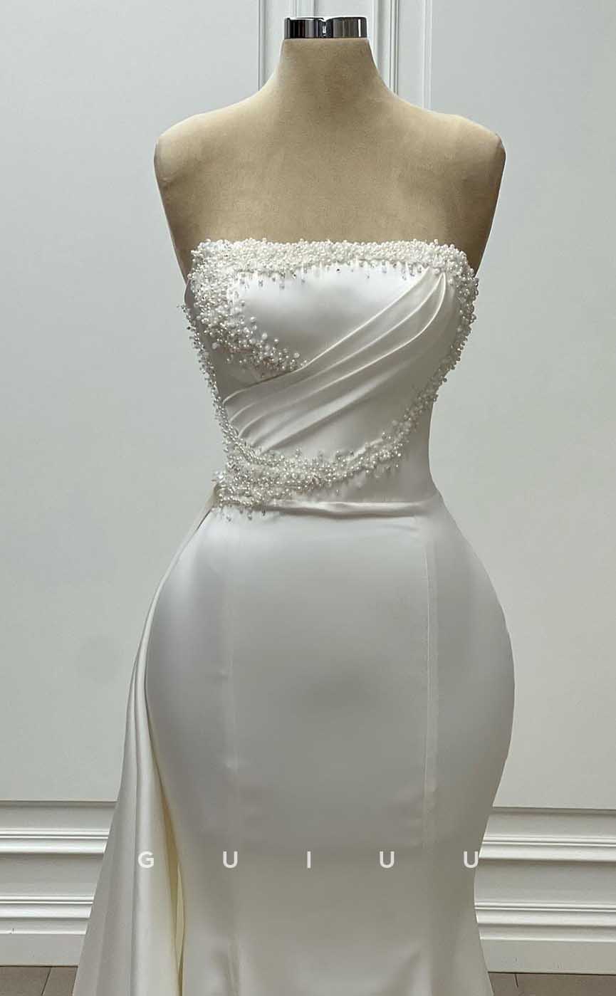 GW848 - Elegant & Timeless Strapless Sleeveless Pleats Pearls Stain Mermaid Wedding Dress with Train