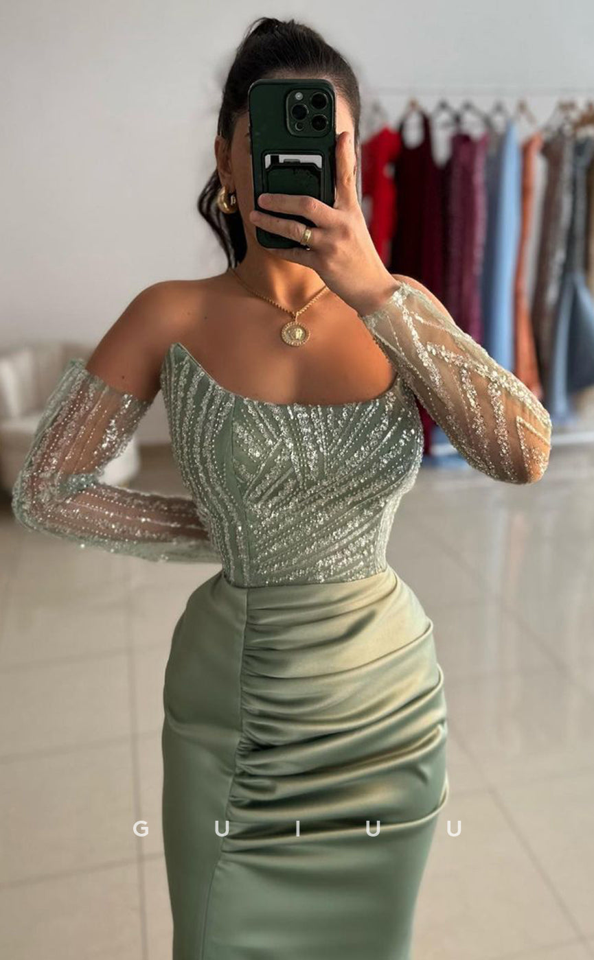 G3826 - Mermaid Boat Neck Long Sleeves Pleated Appliques Long Prom Dress with Slit