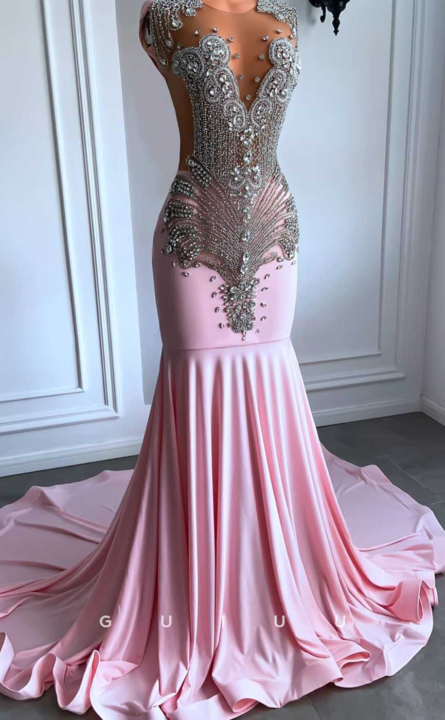 G4584 - Mermaid Illsion Sleeveless Beaded and Crystal Pink Prom Dress with Court Train