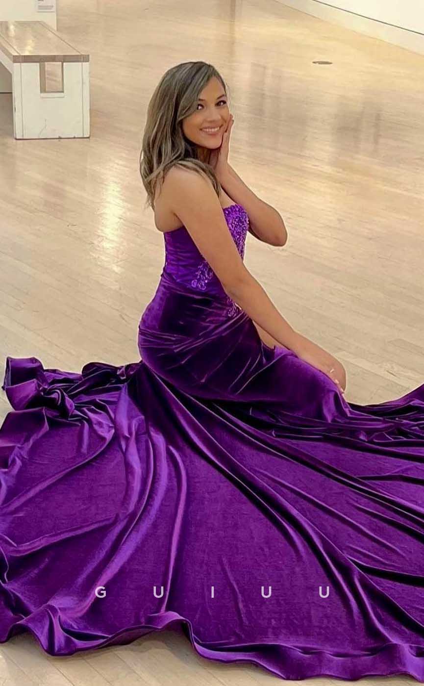G4572 - Mermaid Strapless Sleeveless Appliques Purple Velvet Pleats High Side Slit ang Court Train Prom Dress for Black Women Slay