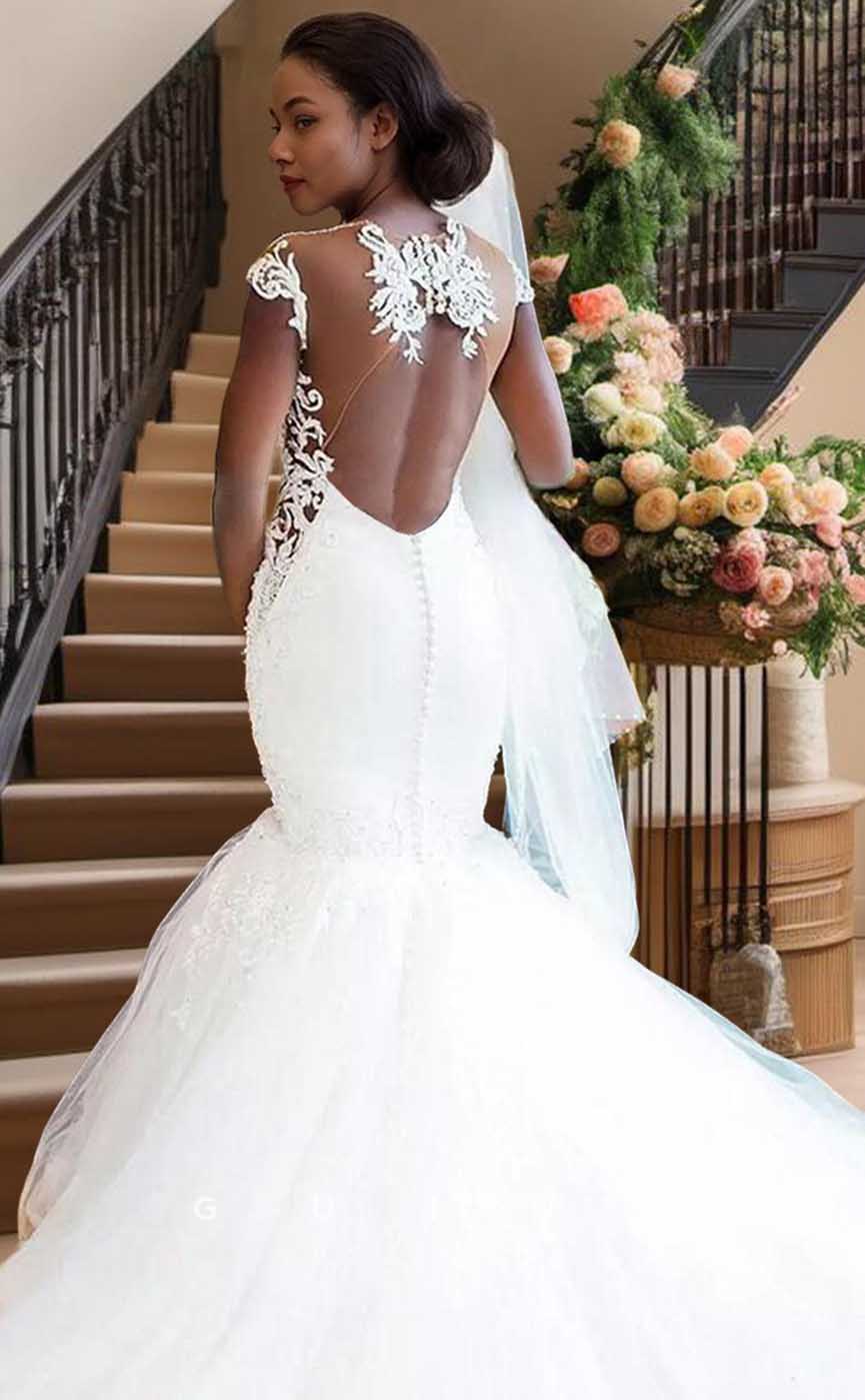 GW909 - Mermaid V-neck Off-Shoulder Appliques Baech Wedding Dress with Train for Black Girl Slay