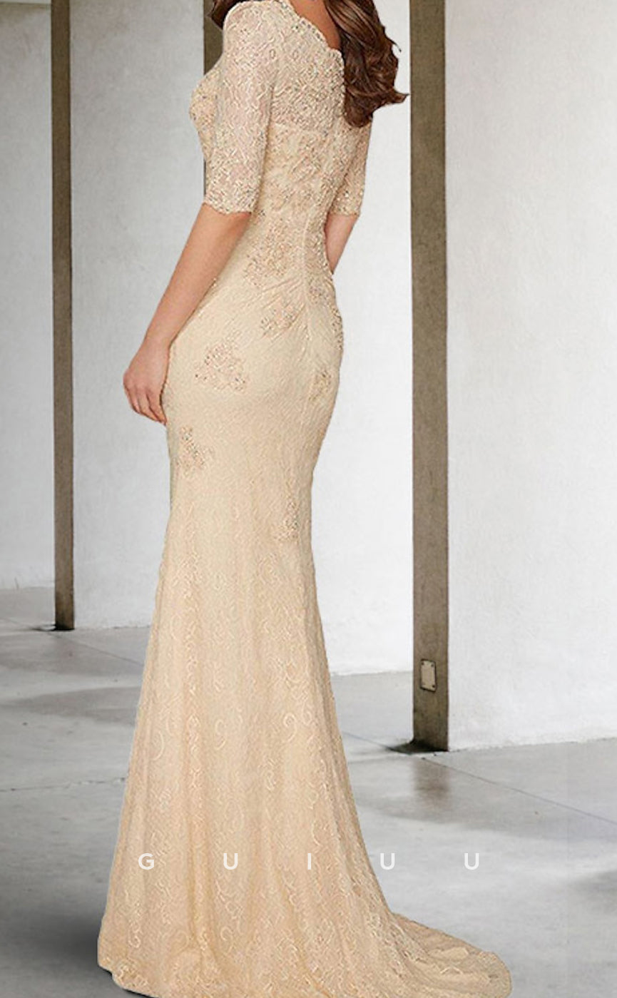 GM111 - Mermaid V Neck Half Sleeves Sweep Train Chiffon Mother of the Bride Dress