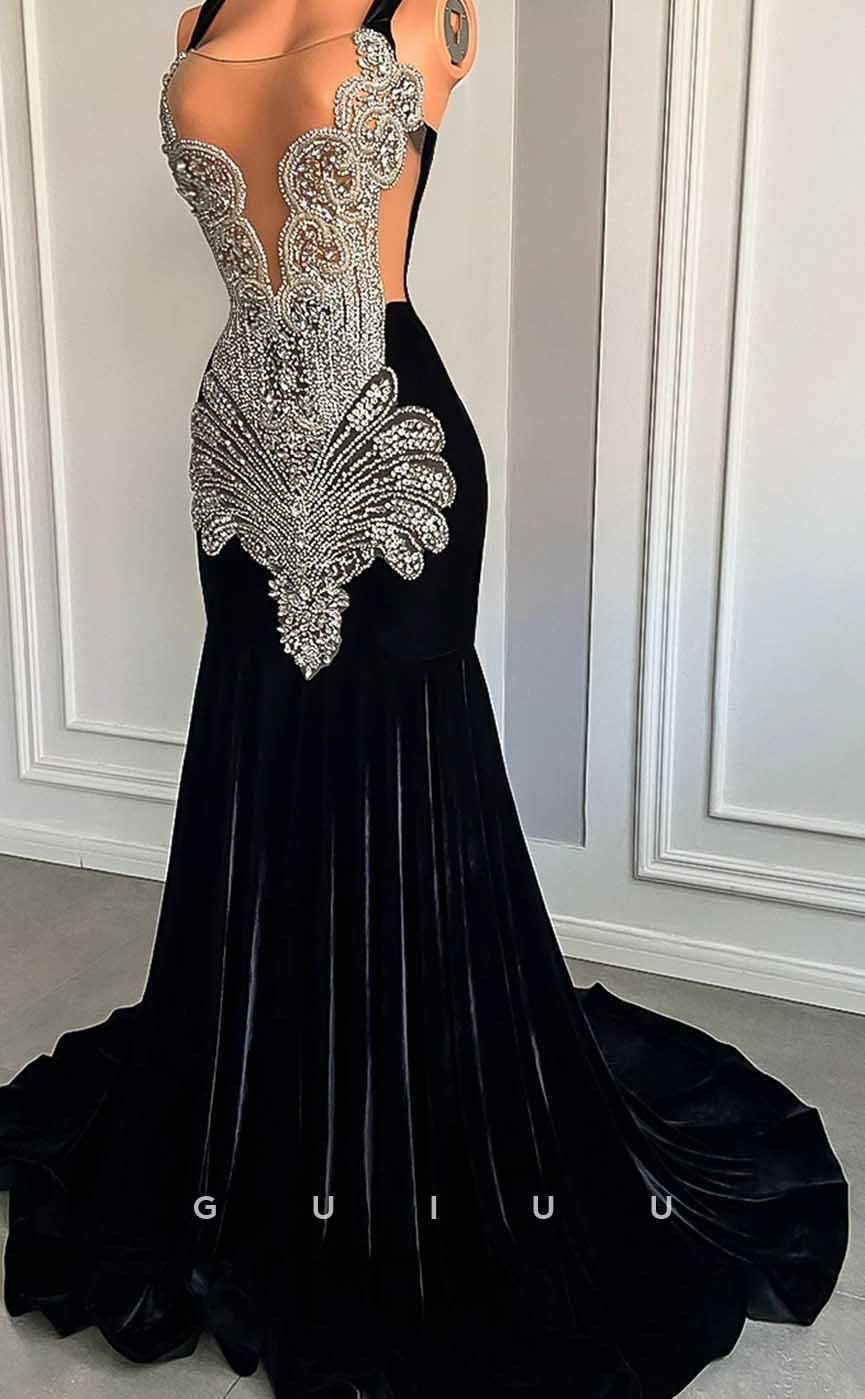 G4597 - Mermaid V Neck Straps Sleeveless Crystal Velvet Formal Prom Dress with Train