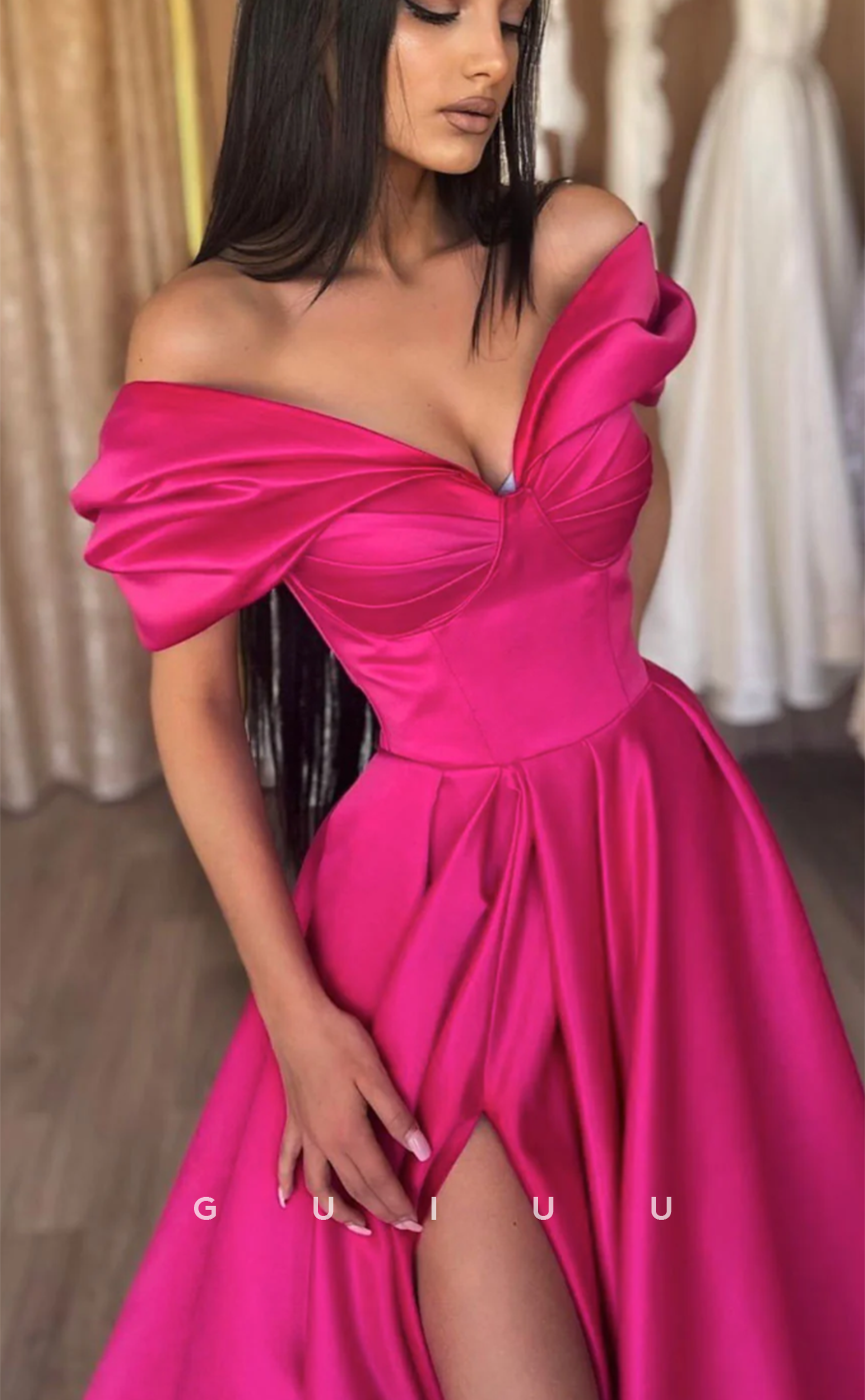 G4633 - Sexy & Hot A-Line Off-Shoulder Pleats Stain Long Prom Party Gown with High Side Slit