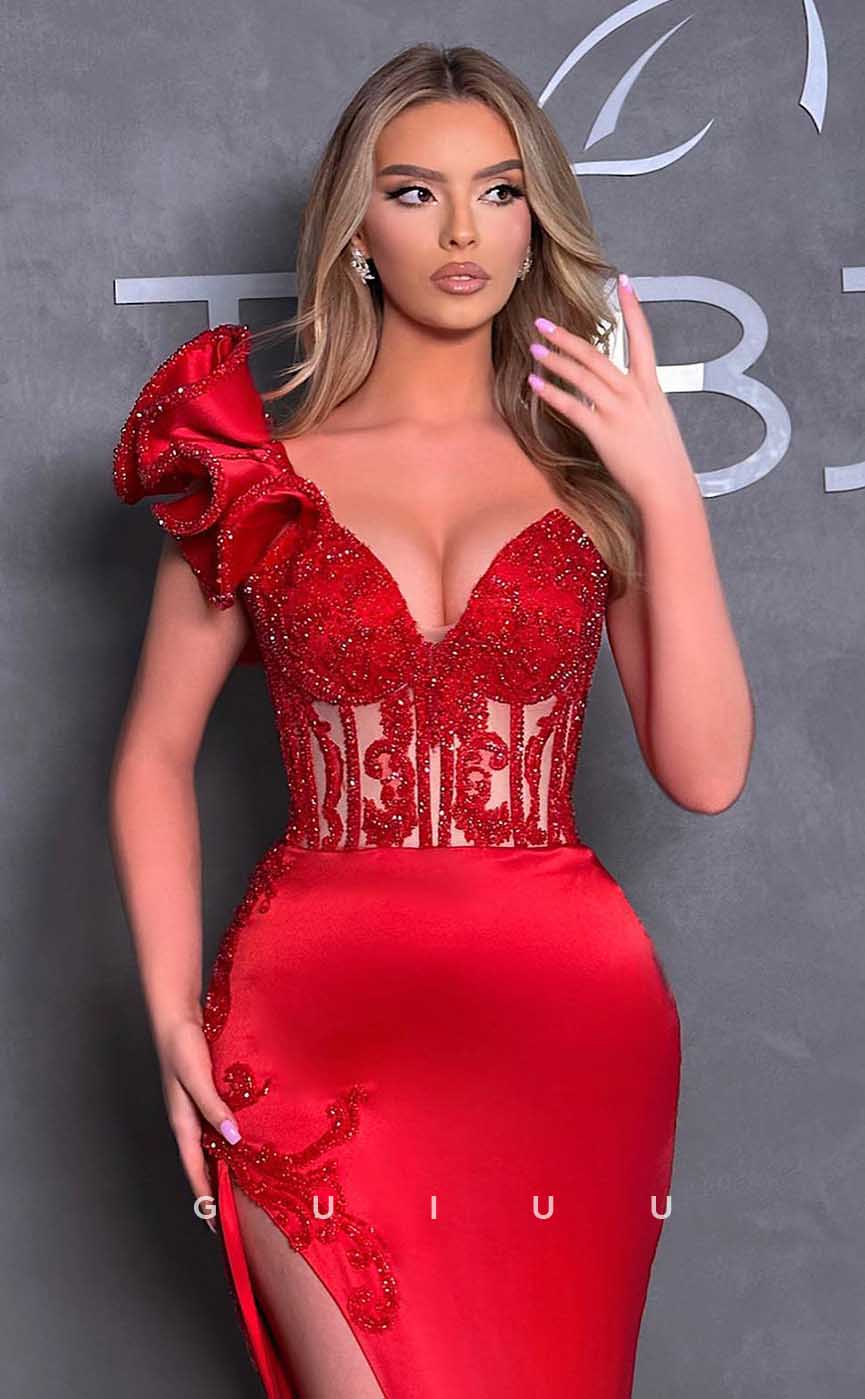 G4615 - Sexy & Hot Mermaid Sheath One Shoulder Appliques Beaded High Side Slit Prom Party Gown