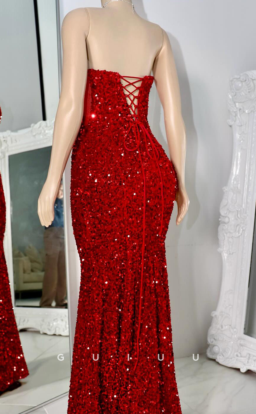 G4155 - Sexy & Hot Mermaid V Neck Sleeveless Fulle Sequined Criss-Cross Straps Party Long Prom Dress