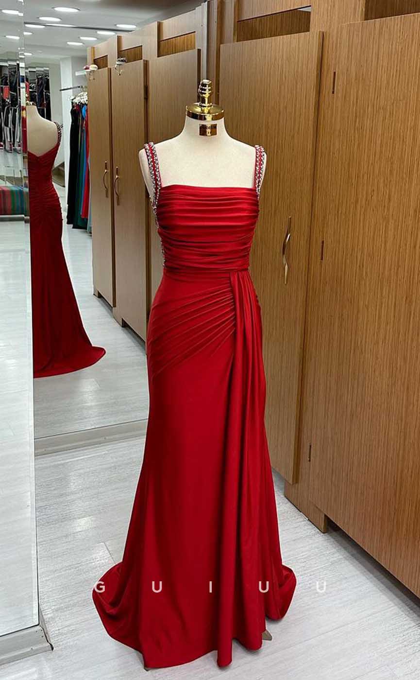 G4499 - Sexy & Hot Square Straps Sleeveless Red Stain Runched Long Prom Evening Gown